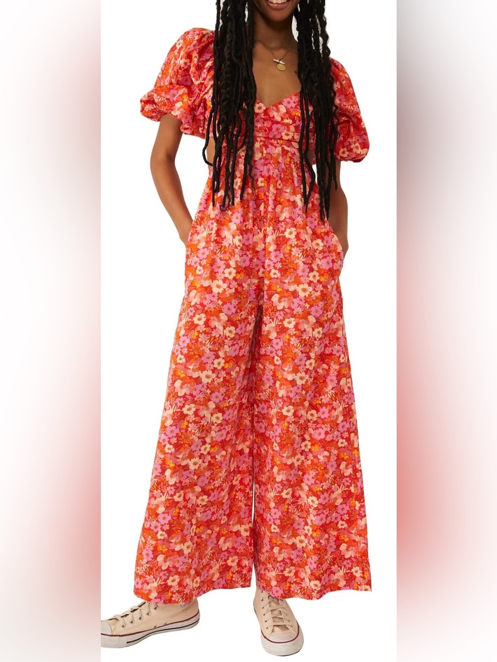 NEW FREE PEOPLE Amy Floral Cotton cutout Orange Jumpsuit sz M
